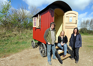Tracy Chevalier with shepherds hut Tracy Chevalier with shepherds hut